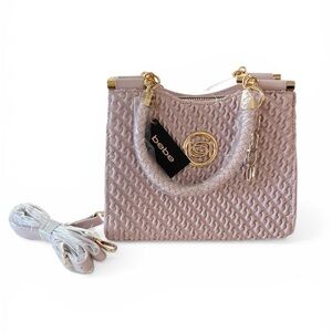 bebe Blush Pink Woven Satchel with Gold Accents